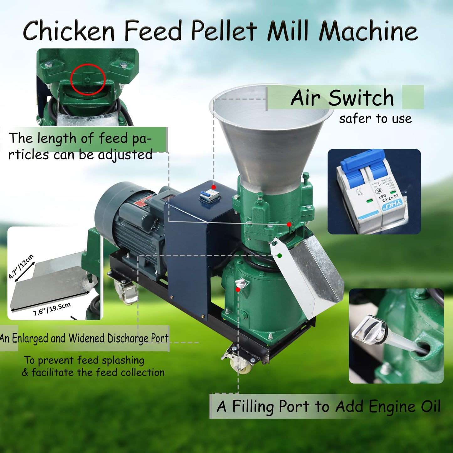Banfluxion 220V Pellet Mill Machine with 4mm Holes Plate Poultry Food Mill Grinder Feed Pellet Making Machine with Three Head Rollers for Chicken, Duck, Goose and Rabbit, 4.5KW 120-150KG/H
