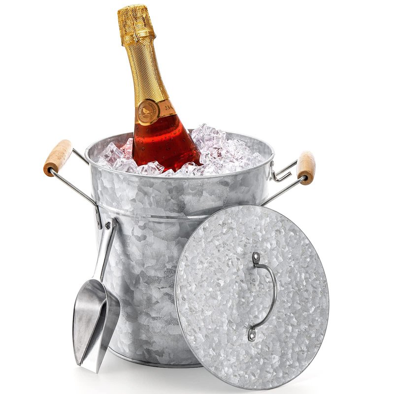 Frcctre Farmhouse 4 Liter Ice Bucket with Lid, Galvanized Metal Beverage Tub with Scoop and Handles, Drink and Wine Chiller for Bar, Party, BBQ, Great for Indoor and Outdoor Use