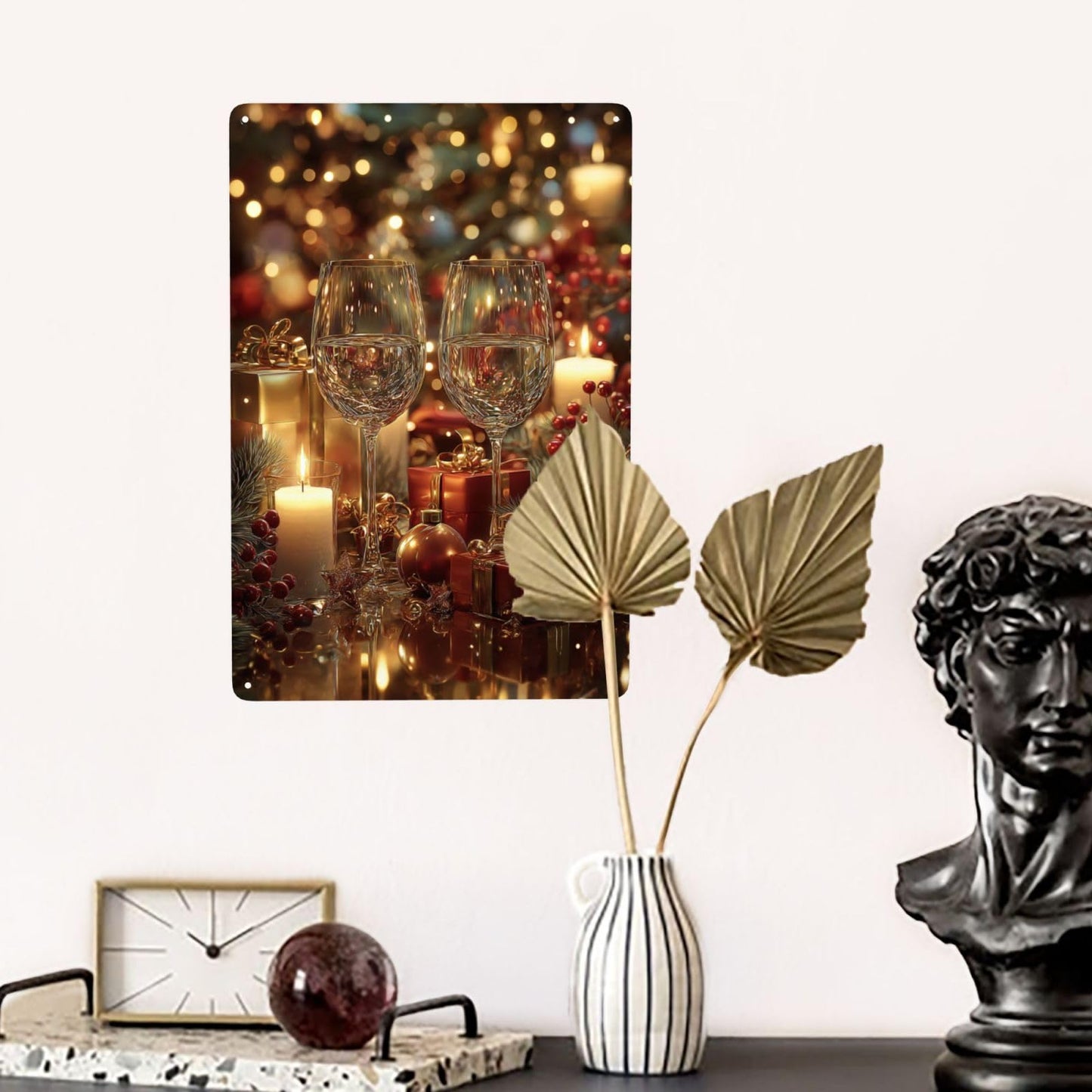 MA6GE8DE Two Wine Glasses With Candles, Gifts, Pine Sprigs And Berries, Warm Bokeh Glow,Metal Tin Plaque Sign, Ideal For Living Room And Bar Club, Gifts For Friends And Family 6x8 Inch