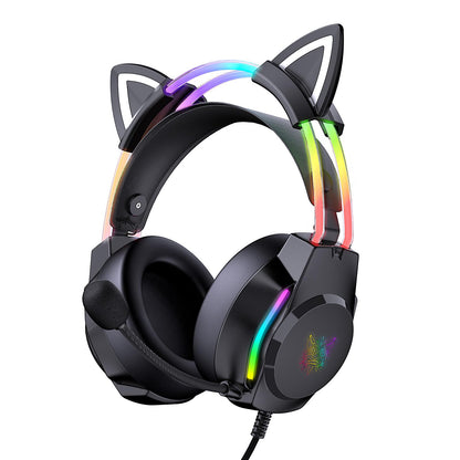 ONITOON Gaming Headset with Microphone, Cat Ear Headphones for PC Laptop PS4 PS5 Xbox Switch, Rainbow RGB Lighting & Virtual Surround Sound, 3.5mm Wired Over Ear Headphones, Ergonomic