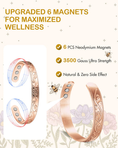 Feraco Copper Therapy Bracelets for Women, Pure Copper Magnetic Cuff Bracelet with Neodymium Magnets, Adjustable with Gift Box, Vintage Flower (Rose Gold)