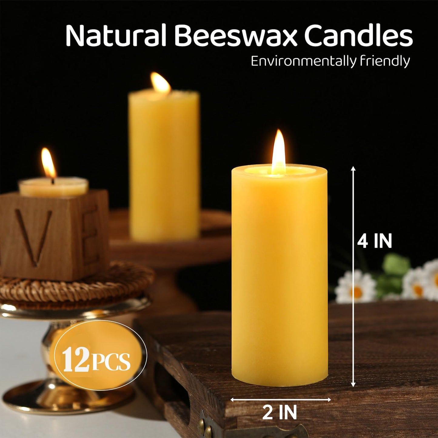 12 Pack Natural Beeswax Pillar Candles,100% Pure Beeswax Candles-420 Hours Long Burning,Unscented Bees Wax Candle for Home,Prayer,Emergency,Dripless Smokeless Organic Pillar Candle