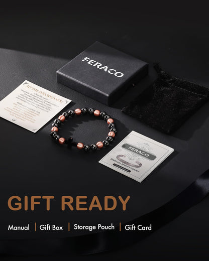 Feraco Pure Copper Magnetic Bead Bracelet for Men Women with Cross, 8mm 99.99% Solid Copper & 3500 Gauss Magnetic Hematite Beads, Unisex Stretch Wristband, Gift-Ready Jewelry