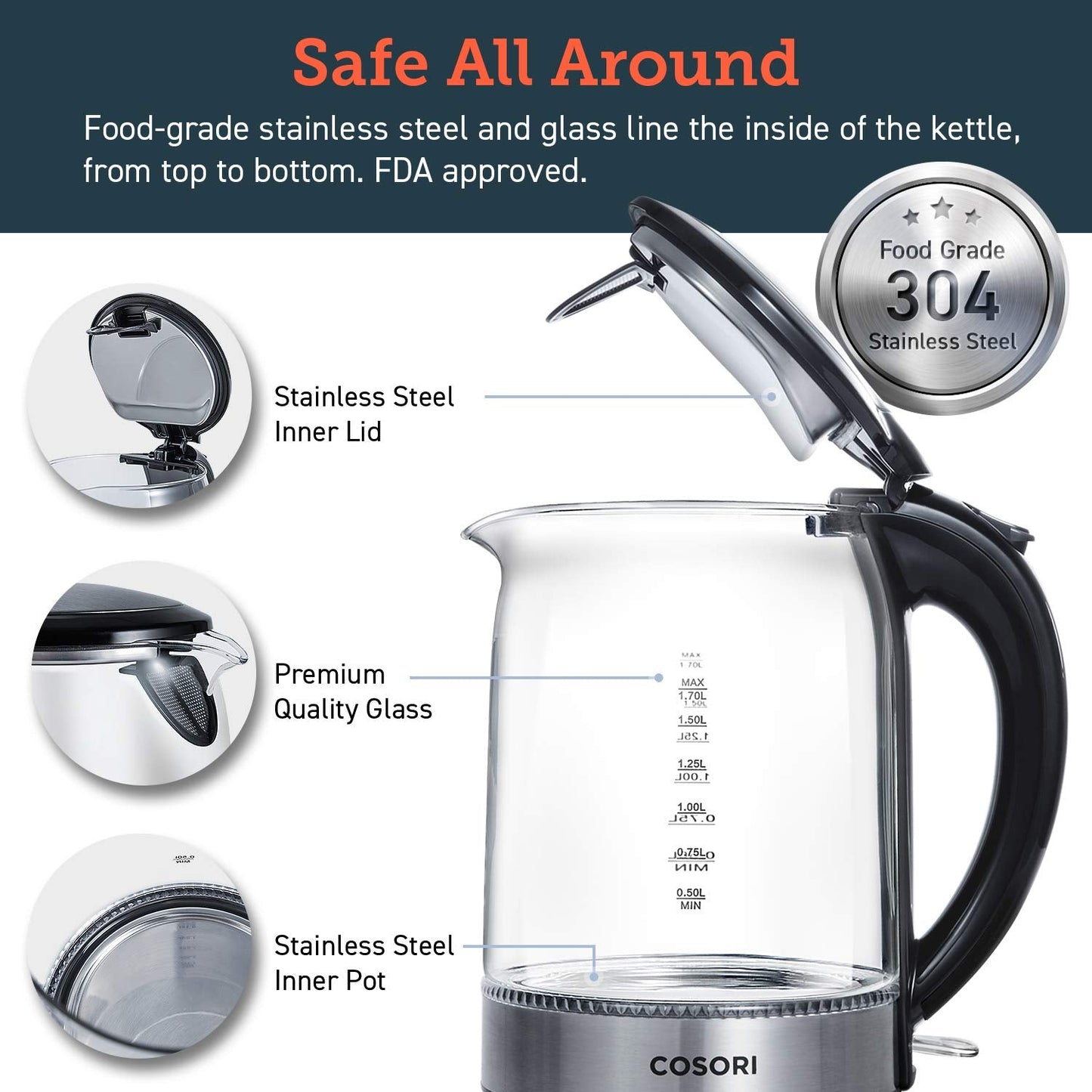 COSORI Speed-Boil Electric Tea Kettle, 1.7L Hot Water Kettle (BPA Free) 1500W Auto Shut-Off & Boil-Dry Protection, LED Indicator Inner Lid & Bottom, Transparent