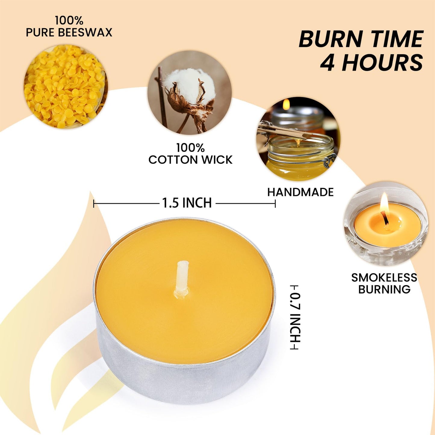 100-Pack Pure Beeswax Tealight Candles in Aluminum Cups - 4-5 Hour Burn Time, Lead-Free Cotton Wick, Natural Unscented Candles