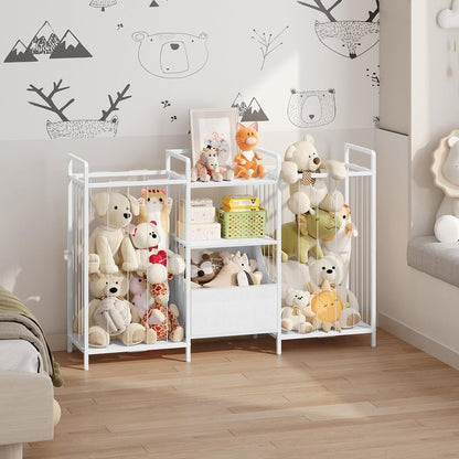 MAHANCRIS Stuffed Animal Storage, Large Stuffed Animal Net with Kids Bookshelf and Toy Storage, Double-Sided Plush Toy Holder with Movable Fabric Box for Kids Room, Playroom, Nursery, White TBWT17101