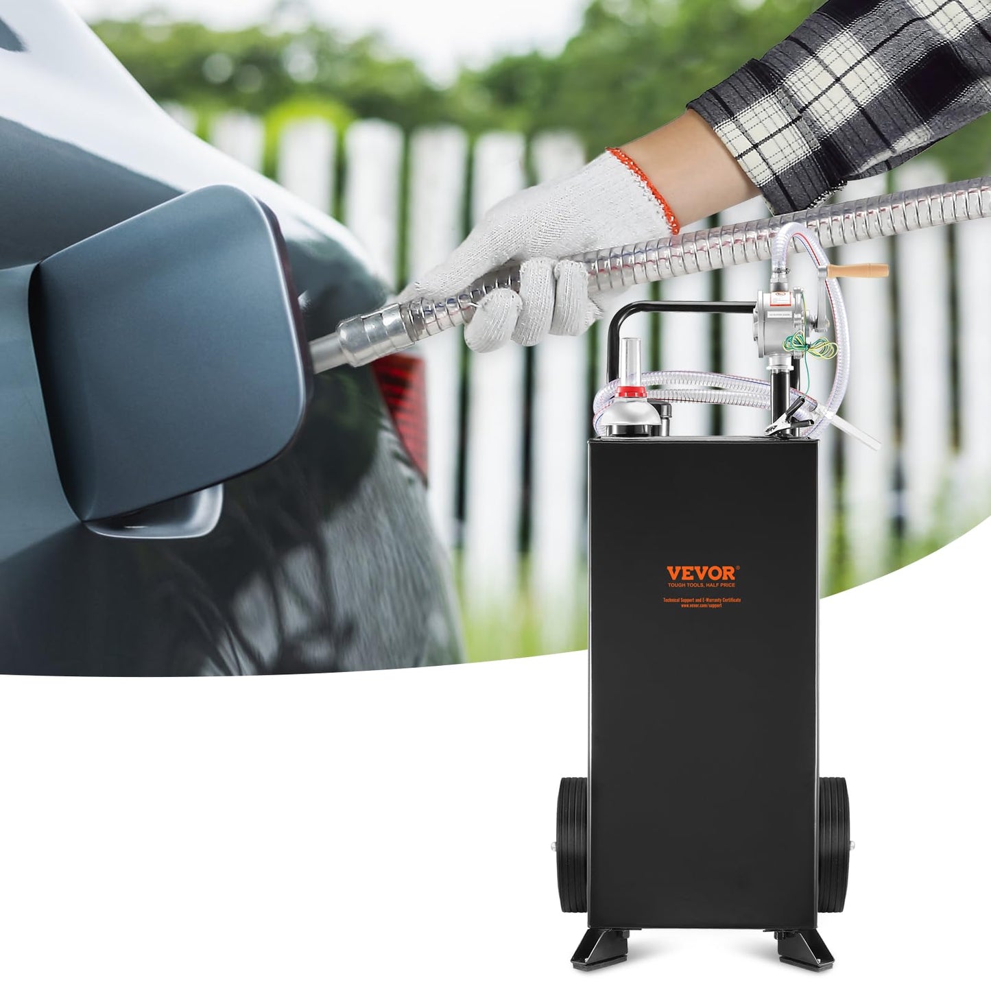 VEVOR 30 Gallon Gas Caddy - Portable Fuel Storage Tank with 2 Wheels & Manual Transfer Pump, Diesel & Gasoline Fuel Container for Cars, Lawn Mowers, ATVs, Boats, Black