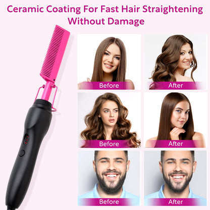 Electric Hot Comb Hair Straightener Heat Pressing Comb Curling Flat Iron Curler Hair Straightener Brush for Natural Black,Anti-Scald Beard Straightening Electric Press Comb
