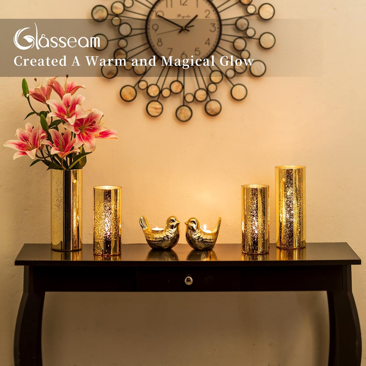 Glasseam Glass Cylinder Gold Candle Holder, Set of 12 Hurricane Candle Holders for Pillar Candles, Modern Mercury Floating Candle Holders for Table Centerpiece Wedding Living Room Home Decor