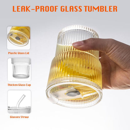 ALYBIT 13oz/400ML Glass Tumbler with Straw and Lid Ribbed Vertical Ice Coffee Cups Sealed Carry on for Coffee Iced Tea, Thick Wall Glassware Tumbler Water Glass (Clear 1pc)