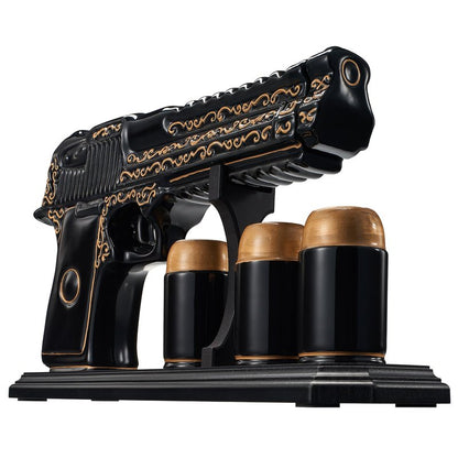 Gifts for Men Dad Hand Painted Gun Whiskey Decanter Set & Shot Glass - Black & Gold & 3 Bullet Shots - Unique Birthday Christmas Gift for Brother, Cool Anniversary Present Him Husband, Pistol Liquor
