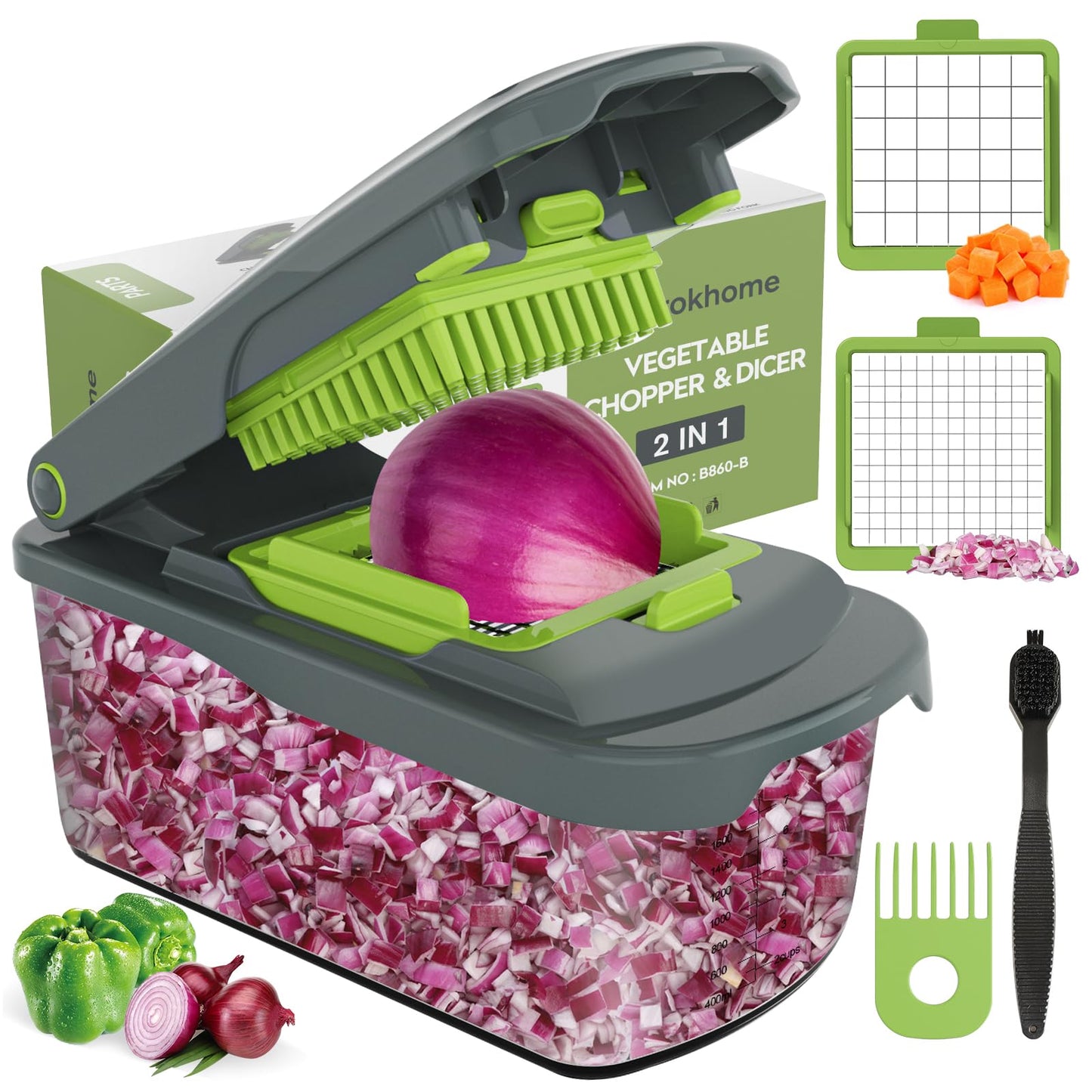 Ourokhome Vegetable Chopper Cutter with Container, Manual Hand Food Veggie Dicer with 2 Chopping Blades for Potato Strips, Onion Cubers, Carrot Sticks, Essential Kitchen Gadgets (2 in 1, Gray)