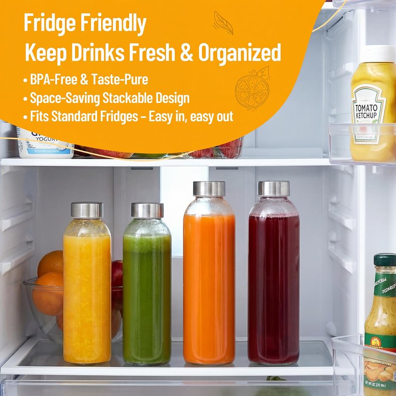 Luxfuel Clear Glass Bottles with Lids 18 oz, Reusable Glass Water Bottles with Stainless Steel Cap for Juicing,Refrigerator,100% Leak Proof, BPA Free