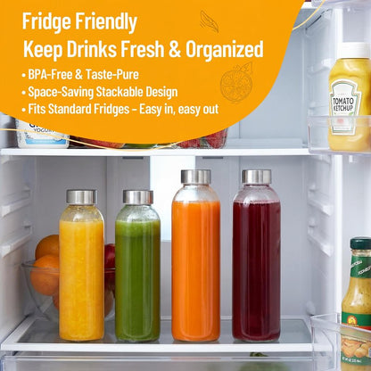 Luxfuel Clear Glass Bottles with Lids 18 oz, Reusable Glass Water Bottles with Stainless Steel Cap for Juicing,Refrigerator,100% Leak Proof, BPA Free