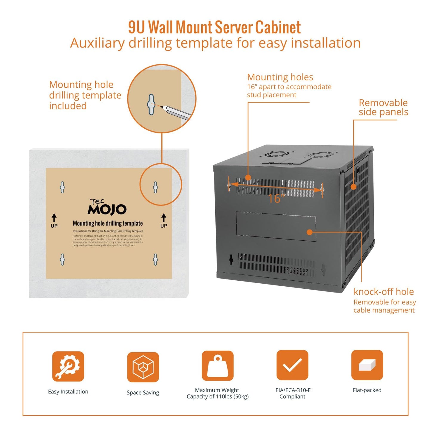 Tecmojo 9U Wall Mount Rack Network Cabinet for 19" IT Equipment,with Lockable Mesh Door and Side Panels,Cooling Fan,17.7inch Depth,Black