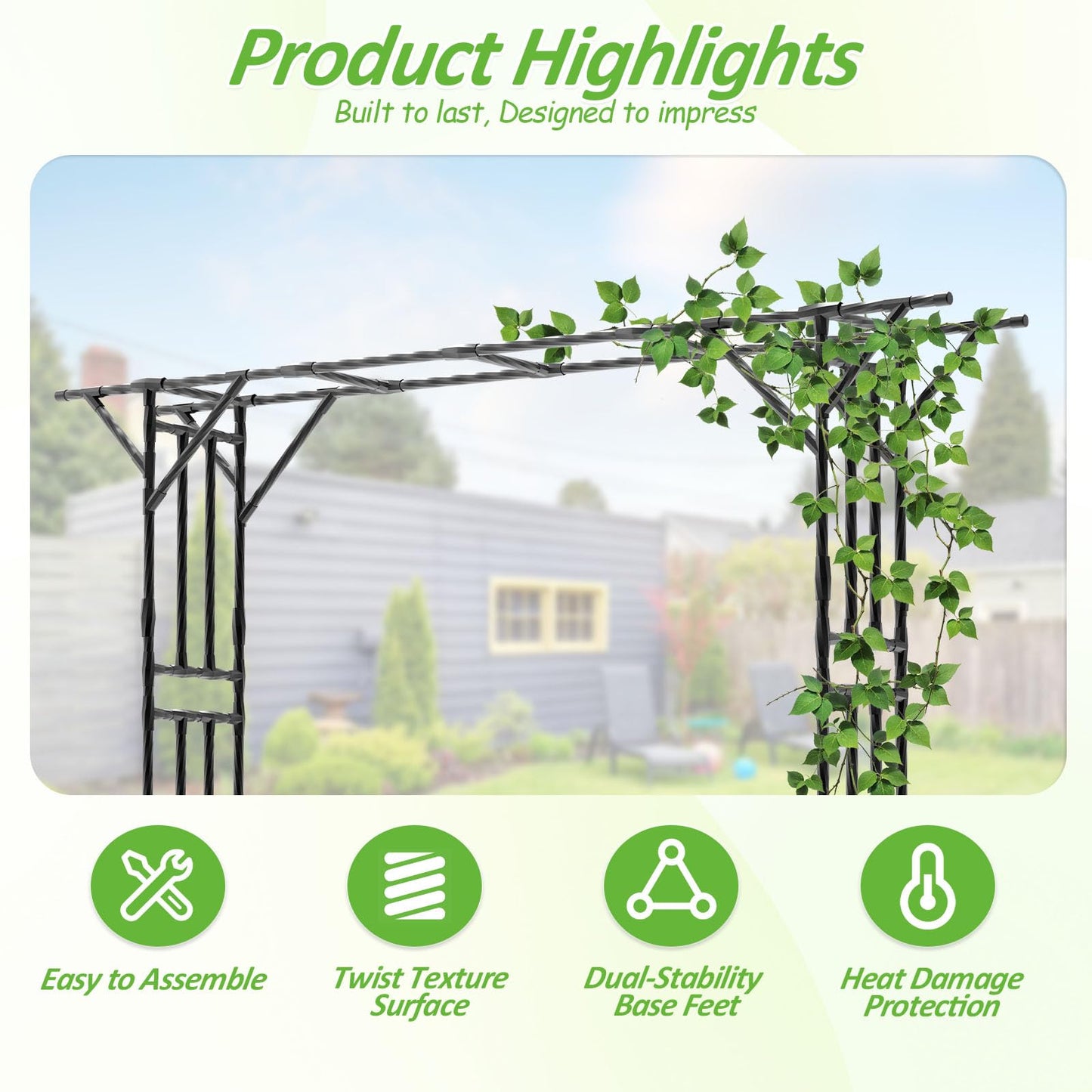 Trellume Garden Arch Trellis - 141.7" L×106.3" H Extra Large Flat Top Arbor Trellis with Coated Steel Pipe, Trellis for Climbing Plants Outdoor, Heavy Duty Abor Archway for Wedding Decor(25MM Pipe)