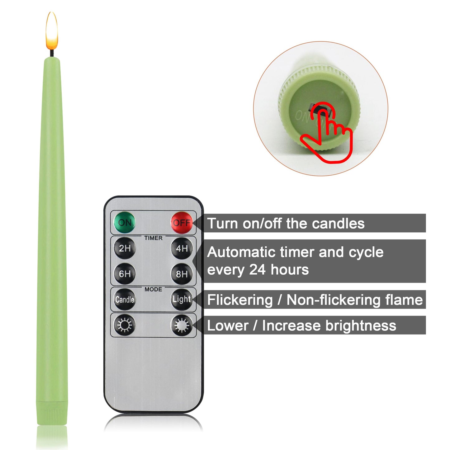 CVHOMEDECO. Flameless Taper Candles with 10-Key Remote, Battery Operated Led Flickering 3D Wick Window Candles Real Wax Finished Home Christmas Party Decor 0.78 x 11 Inch, Pack of 2, Light Green