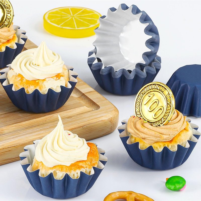 Caperci Grease-Resistant Navy Blue Mini Cupcake Liners 200 Counts - Heavy Duty Paper Muffin Baking Cups, Odorless, No Muffin Pan Needed, Easily Peels (Navy Blue)