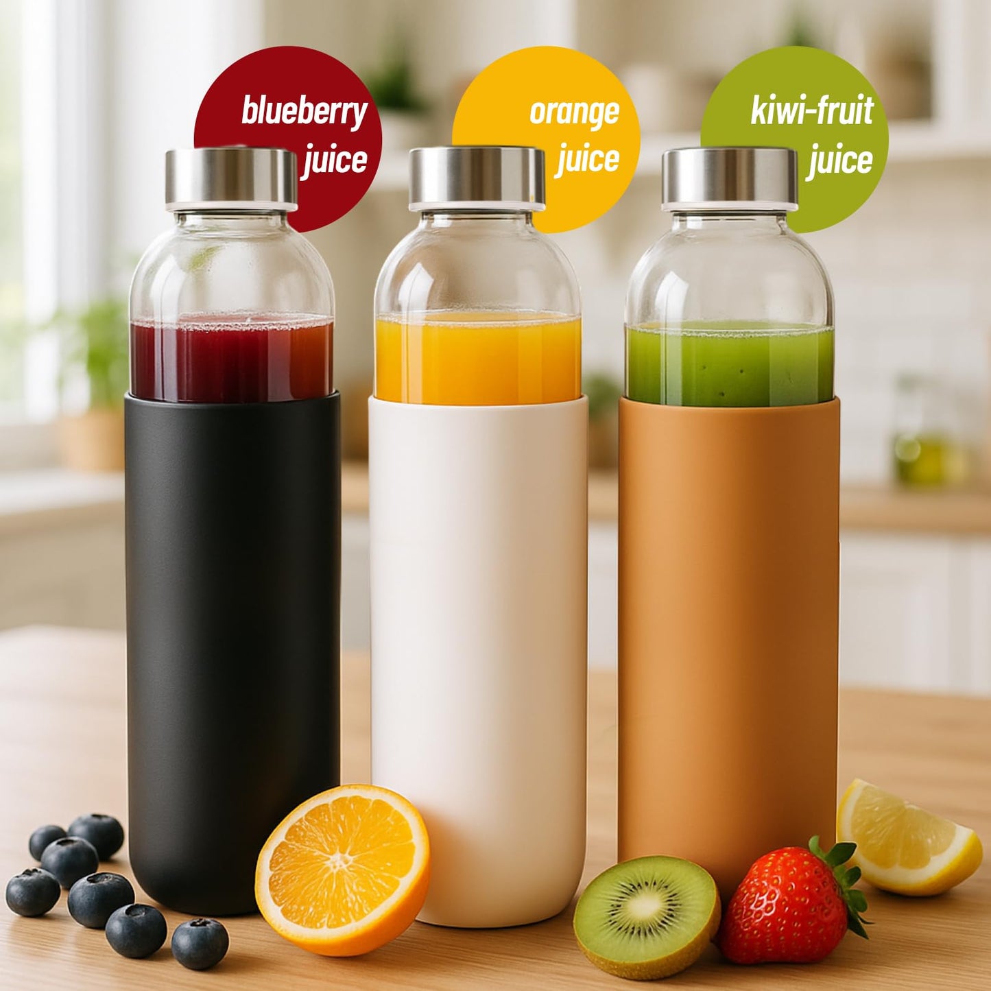 Luxfuel 18 oz Glass Juice Bottles with Lids and Silicone Sleeve, 6 Pack Reusable Clear Glass Water Bottles with Stainless Steel Cap for Juicing, Refrigerator,100% Leak Proof, BPA Free Drinking Bottle