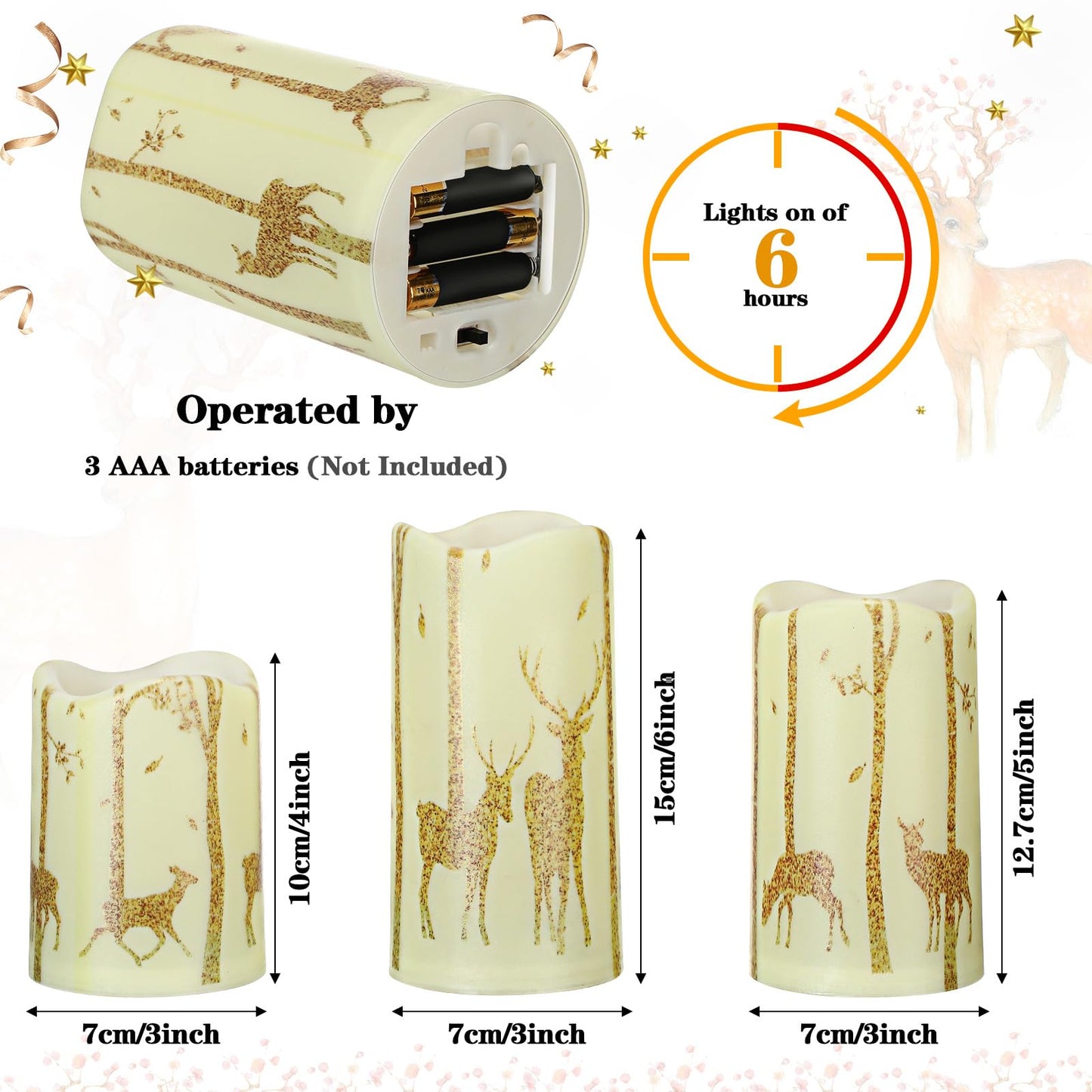 VIHOSE Set of 3 Reindeer Christmas Flameless Candles Battery Operated Realistic Flickering LED Pillar Candle Warm Light Gold Deer LED Candles for Christmas Indoor Holiday Decorations