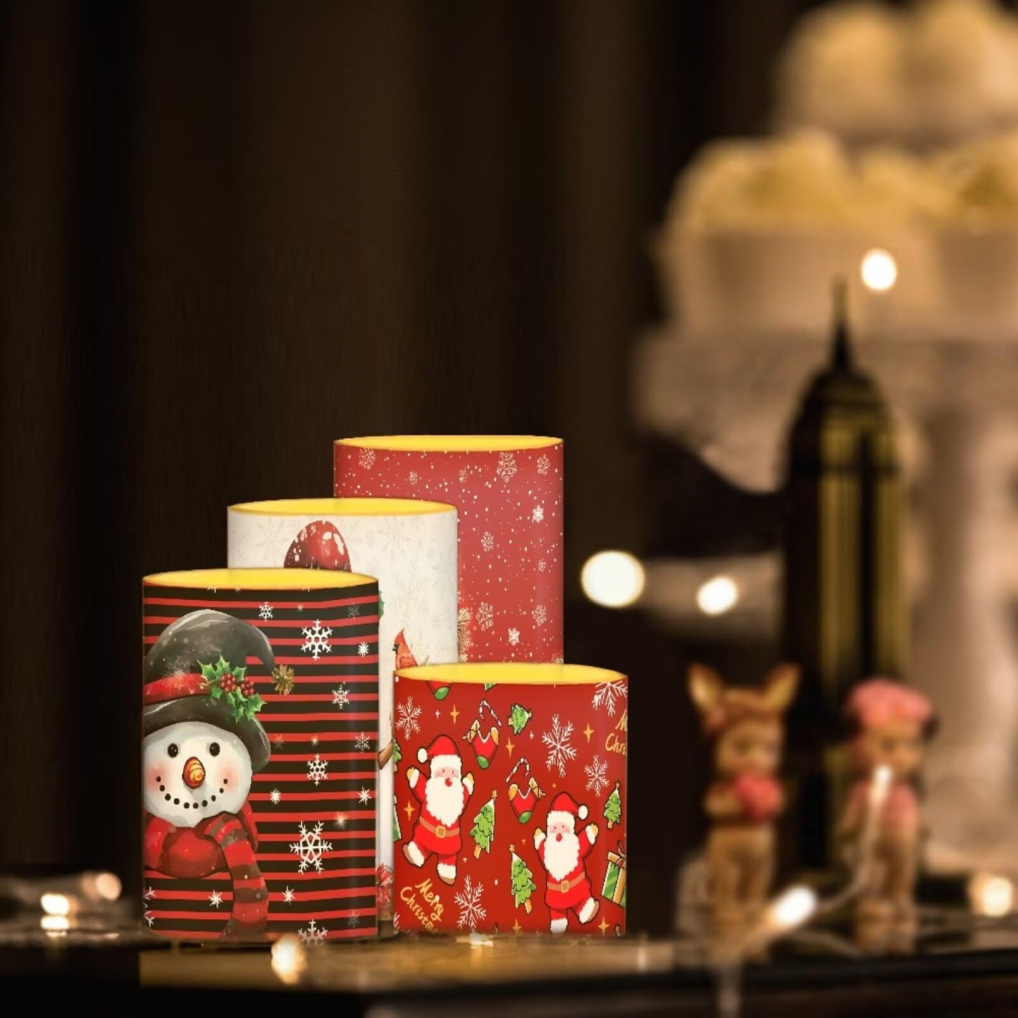 NEITLGEN Christmas Theme Flameless Candles with Timer Remote, Flickering Battery Operated LED Pillar Candles Set of 4 Holiday Decoration