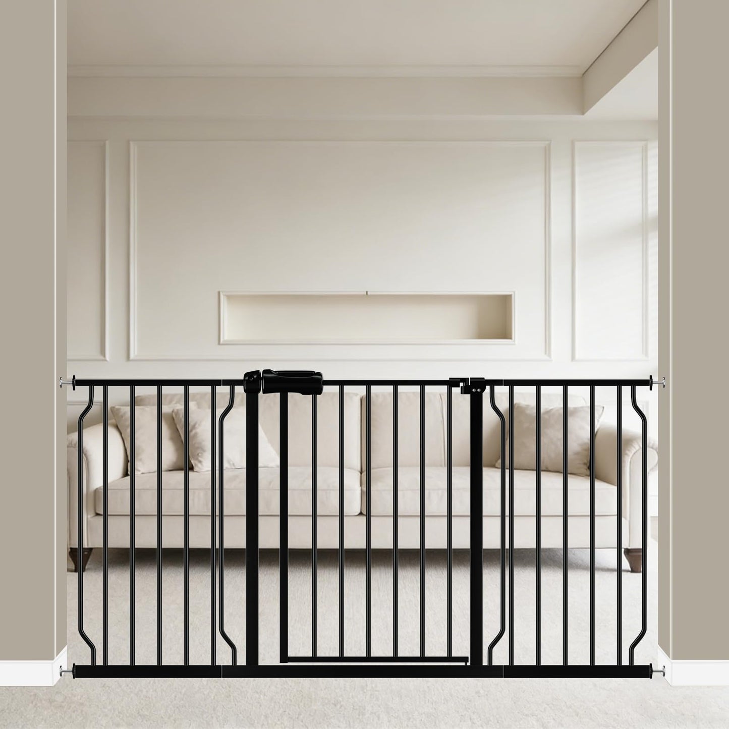 WAOWAO Baby Gate 57.48-62.20" Extra Wide Pressure Mounted Walk Through Swing Auto Close Safety Black Metal Toddler Kids Child Dog Pet Puppy for Stairs,Doorways,Kitchen