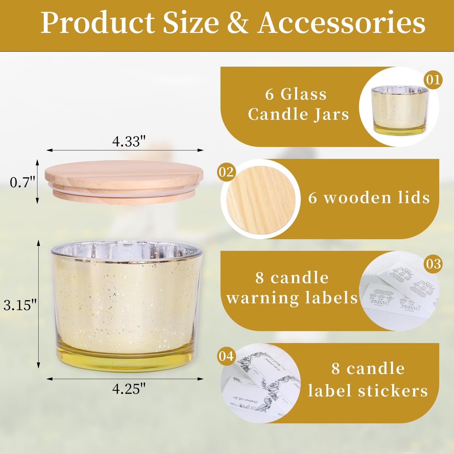 Simeitol 16 OZ Gold Candle Jars for Making Candles 6 Pcs, Glass Candle Jar with Airtight Bamboo Lids - Empty Candle Jars Bulk with Sticky Warning Labels - for Home, Wedding, Christmas Decoration