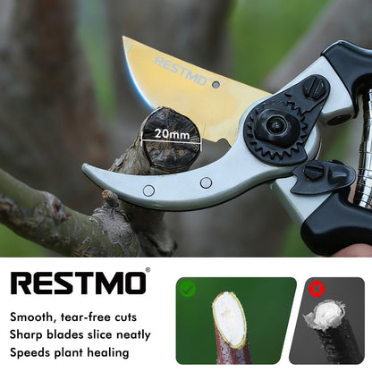 RESTMO 8.6" Professional Pruning Shears, Premium Titanium SKS5 Steel Blade for Long-Lasting Sharpness, Forged Aluminum Handles for Durability, Bypass Pruners for Gardening, Clippers & Scissor Tool