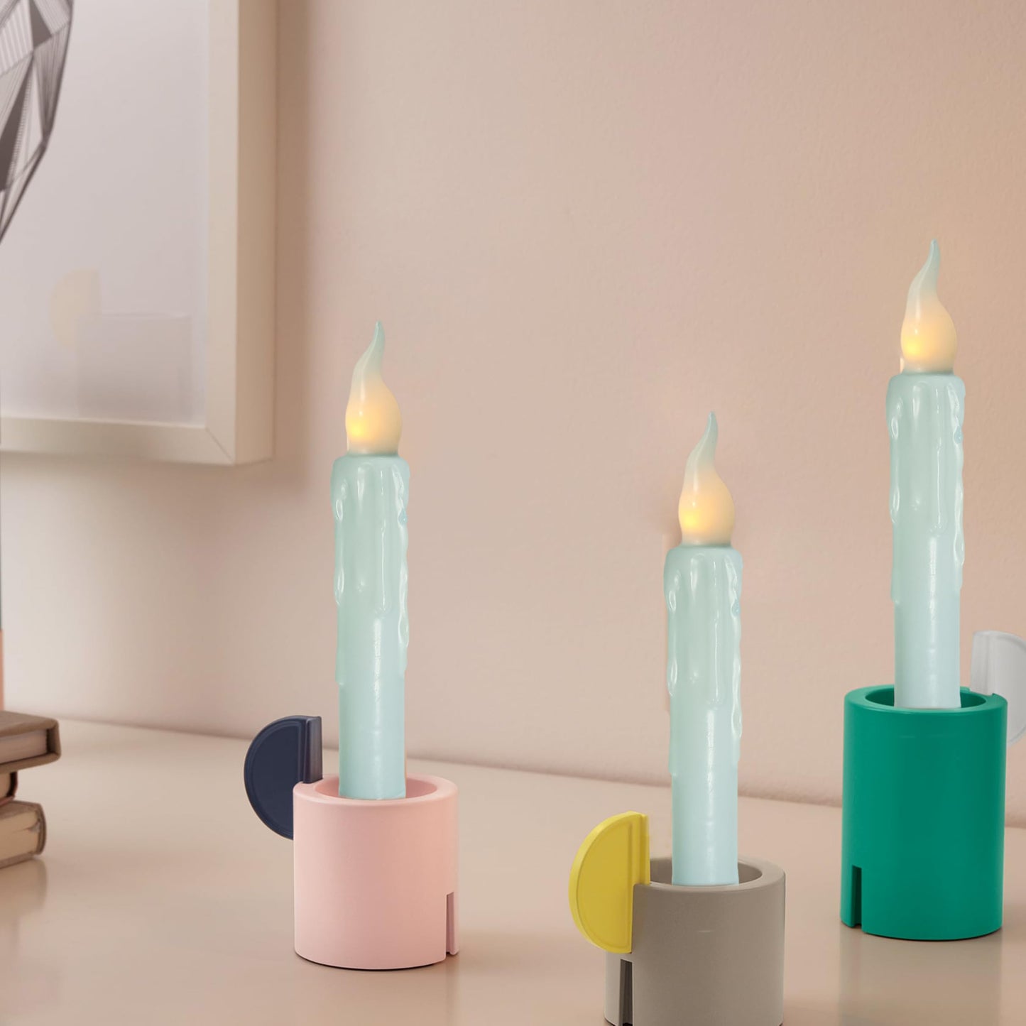 FCMSHAMD Blue Flameless Short Taper Candles, Real Wax Hand Dipped LED Battery Operated with Remote, Flickering Flame Lights for Festival Party Home Décor, 6.7 Inch Primitive Flameless Candles, 4PCS