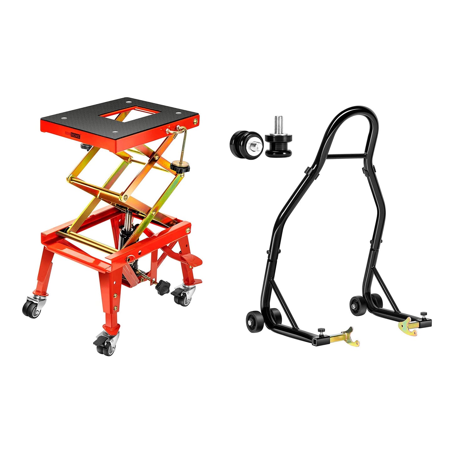 VIVOHOME Heavy Duty Hydraulic Motorcycle Lift Table Foot Operated ATV Dirt Bike Scissor Jack Stand with Motorcycle Rear Wheel Lift Universal Sport Bike Swingarm Spool Paddock Stand Combo