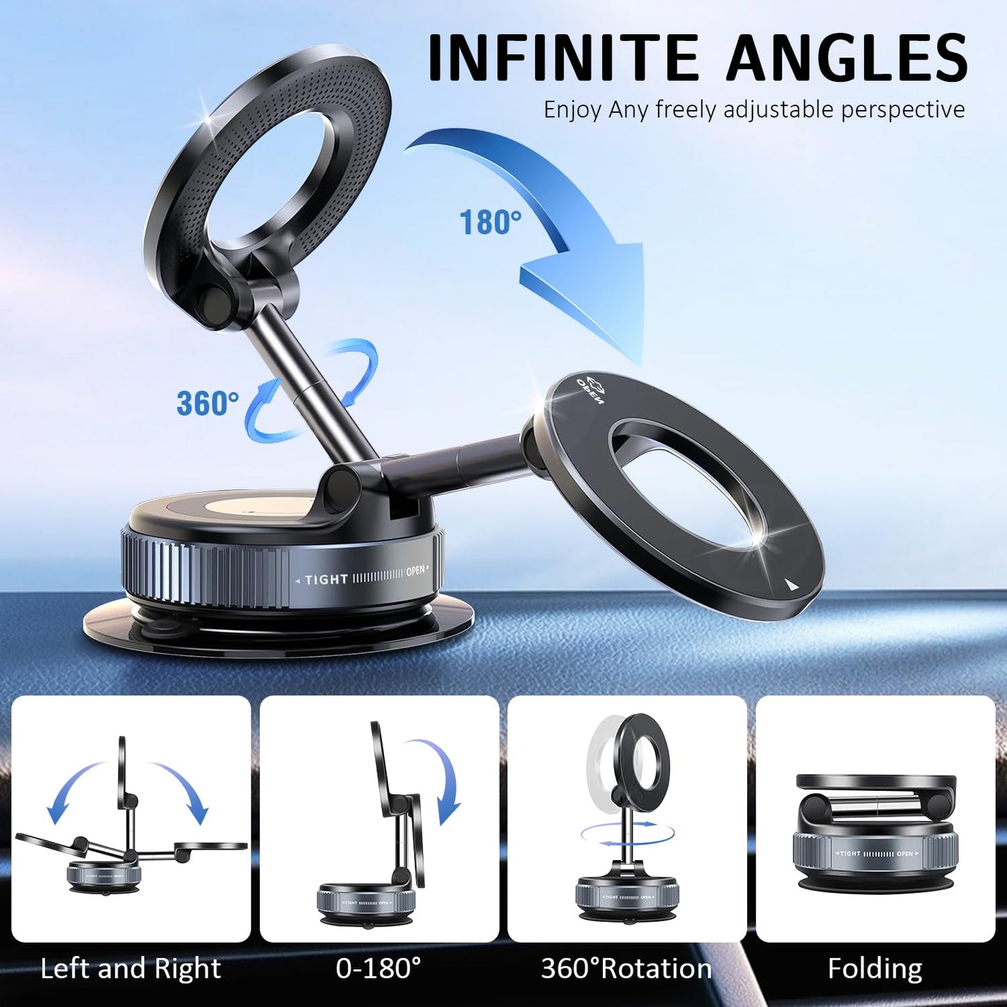 Vacuum Magnetic Phone Holder for Car,Suction Cup Car Phone Mount for Mag safe,Foldable Magnetic Phone Stand[89+LBS Strongest Suction&2800gf Magnetic]360°Adjustable Swivel Lock,for Your Car/Gym/Mirror