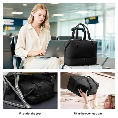 Travel Duffle Bag for Women,40L Weekender Bags Airline Approved Carry On with Shoe Compartment & Waterproof Wet Pocket, Durable Nylon Weekender Overnight Bag for Travel, Gym, Business Trip, Black