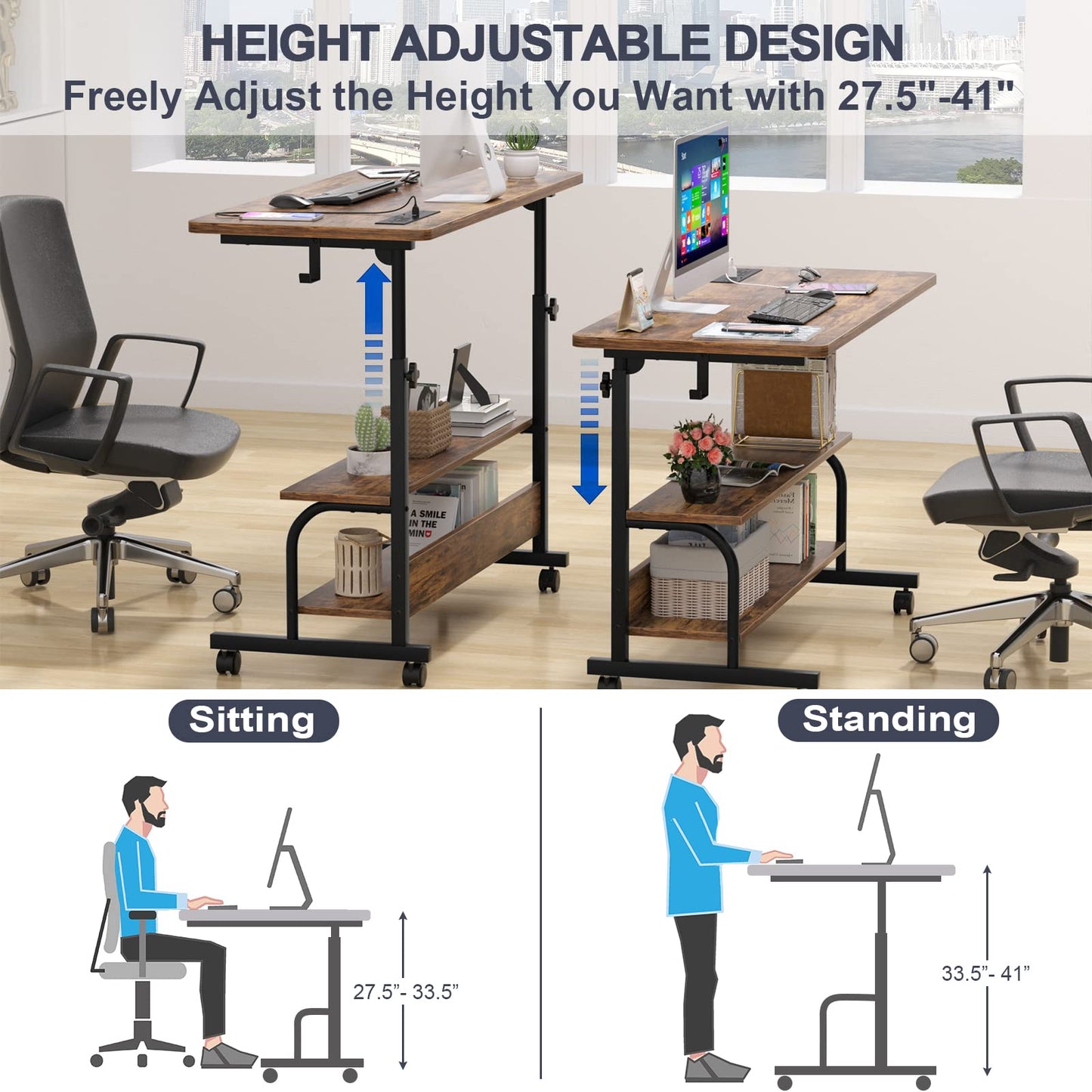 Armocity Rolling Standing Desk with Charging Station, Portable Height Adjustable Mobile Computer Desk with Wheels & 2-Tier Shelves & Hooks, Easy Assembly Laptop Table for Couch Bed, 39" Rustic Brown