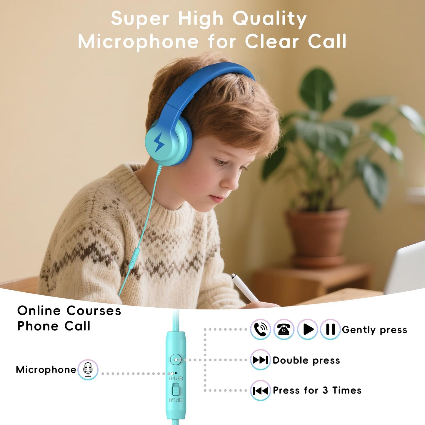 Candy Bila Kids Headphones, Wired Headphones for Kids with Microphone, 85/94dB Volume Limiter Headphone for Girls Boys, Foldable Headphone for Online Study, Gradient Blue