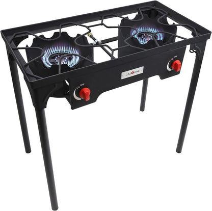 Gas One Propane Double Burner Two Burner Camp Stove Outdoor High Pressure Propane 2 Burner Adjustable PSI Regulator and 4ft Hose With Removable Legs