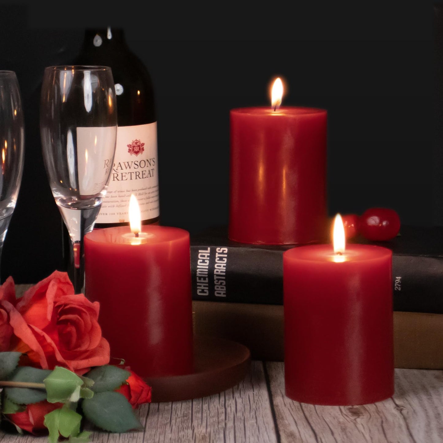 KONNI Dark Red Pillar Candles Set of 3, 3"x 4" Unscented Pillar Candles Bulk, 39 Hours Long Burning Candles, Smokeless&Dripless Large Round Candle for Wedding, Home Decoration, Parties, Spas, Dinner