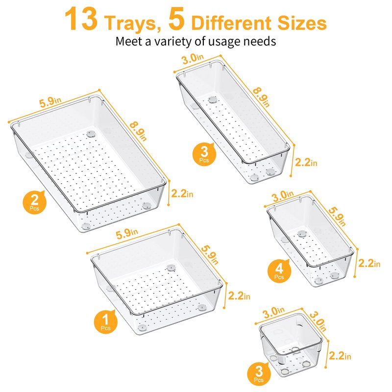 SMARTAKE 13-Piece Drawer Organizers with Non-Slip Silicone Pads, 5-Size Desk Bathroom Drawer Organizer Trays Storage Tray for Makeup, Jewelries, Utensils in Bedroom Dresser, Office and Kitchen, Clear