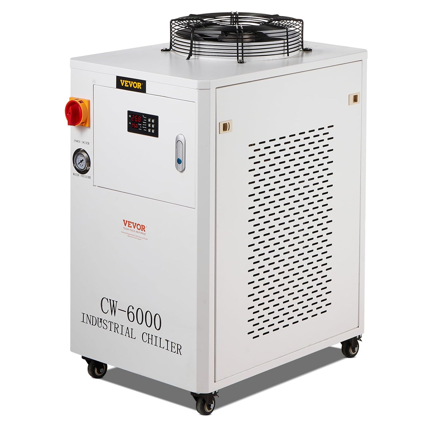 VEVOR Industrial Water Chiller, CW6000, Industrial Water Cooler Cooling System with Compressor 15L Water Tank Capacity 65 L/min Max Flow Rate, for 2 Sets of 300W CO2 Laser Engraving & Cutting Machine