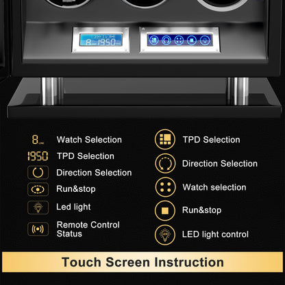 DUKWIN Watch Winder for 6 Automatic Watches, Fingerprint Lock Watch Winders with LCD Touchscreen, Blue LED Light, Remote Control,Adjustable Pillow and Quiet Motor for Universal Watches, 5TPD
