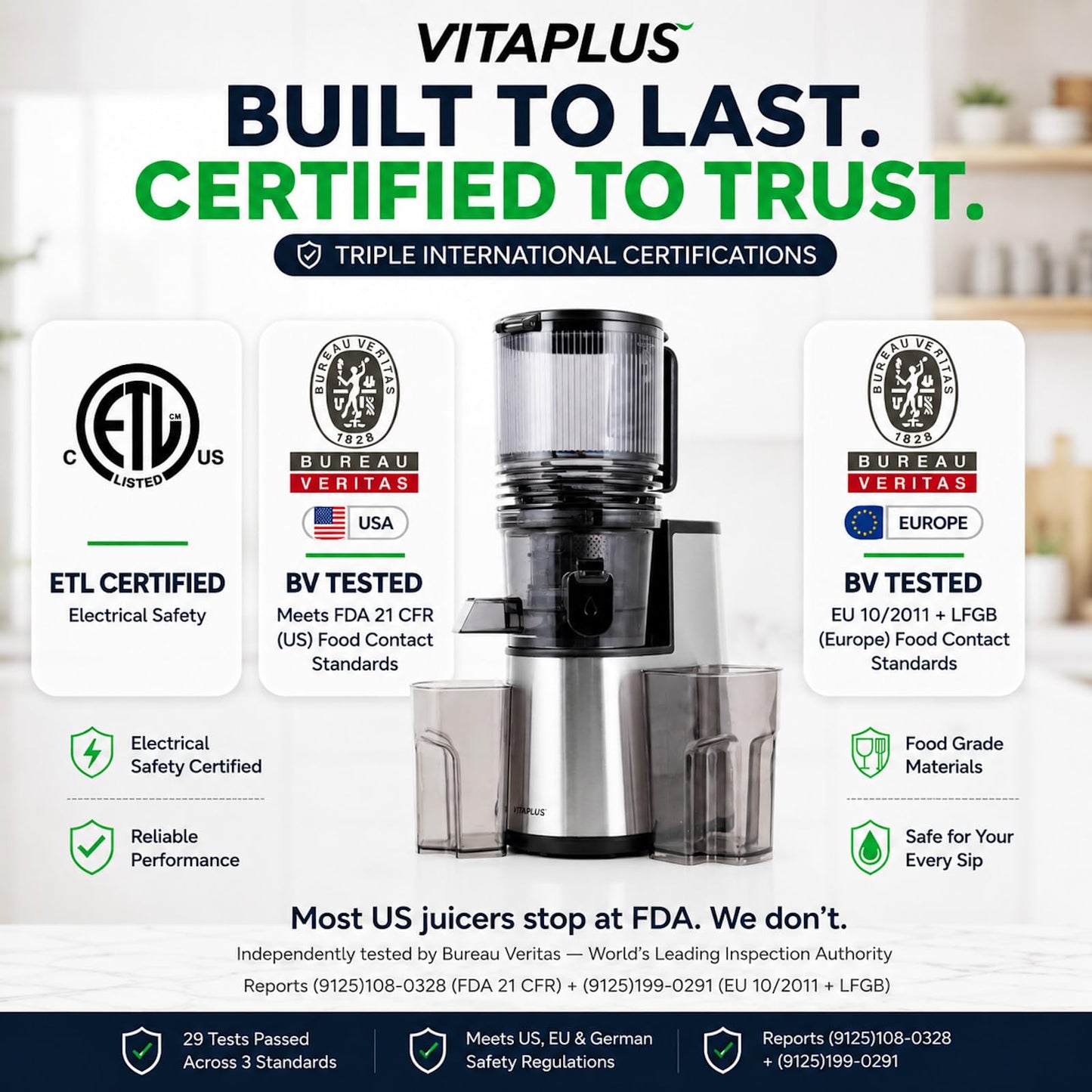 VITAPLUS Stainless Steel Auger Cold Press Juicer, AC Motor Slow Masticating Juicer, Plastic-Free Extractor for Whole Fruits & Vegetables, 5.8" Wide Chute, BPA-Free, Easy to Clean, FDA21 CFR Tested
