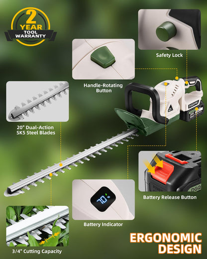DGQHME 20" Hedge Trimmer Cordless,Electric Bush Trimmer with 2 Pack Rechargeable Batteries,Lightweight Hedge Trimmers,3000RPM 180°Rotatable Head,3/4" Blade Gap