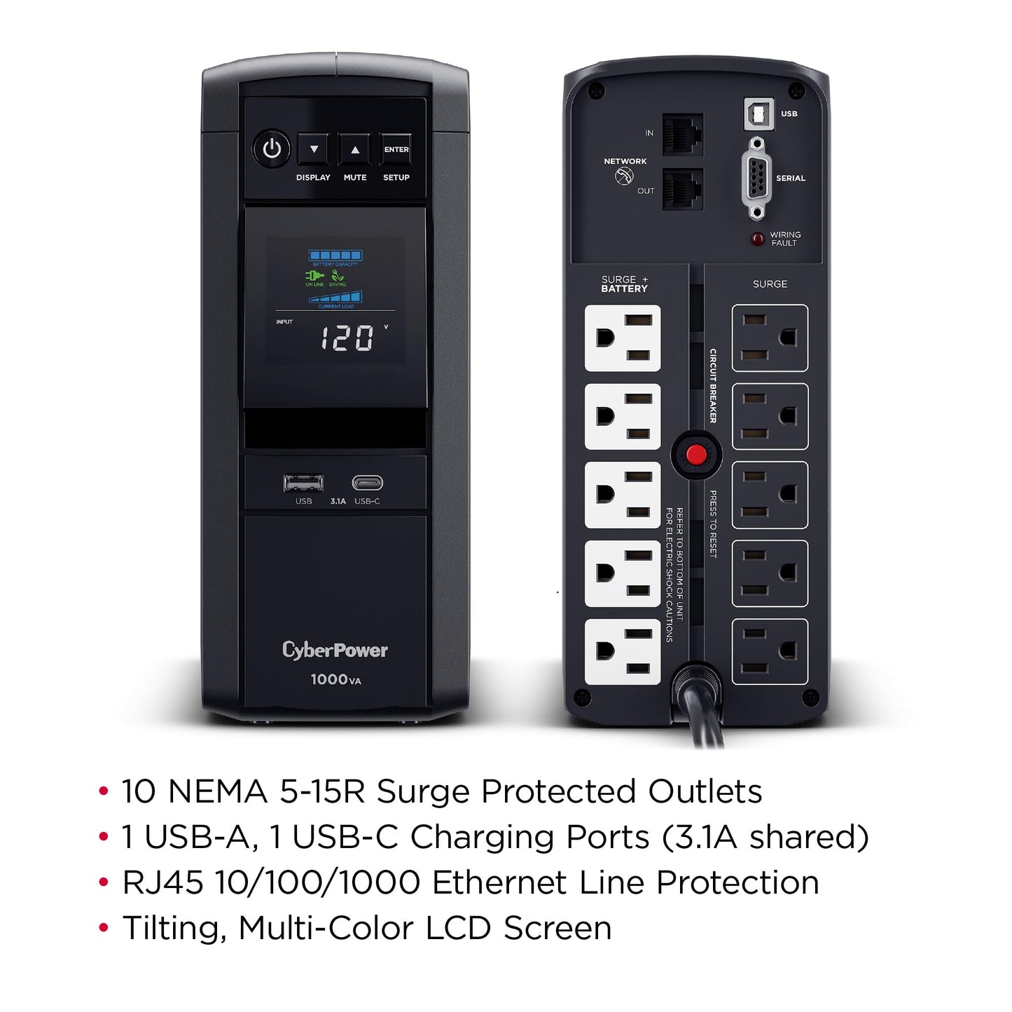 CyberPower CP1000PFCLCD PFC Sinewave UPS Battery Backup and Surge Protector, 1000VA/600W, 10 Outlets, AVR, Mini-Tower, UL Certified