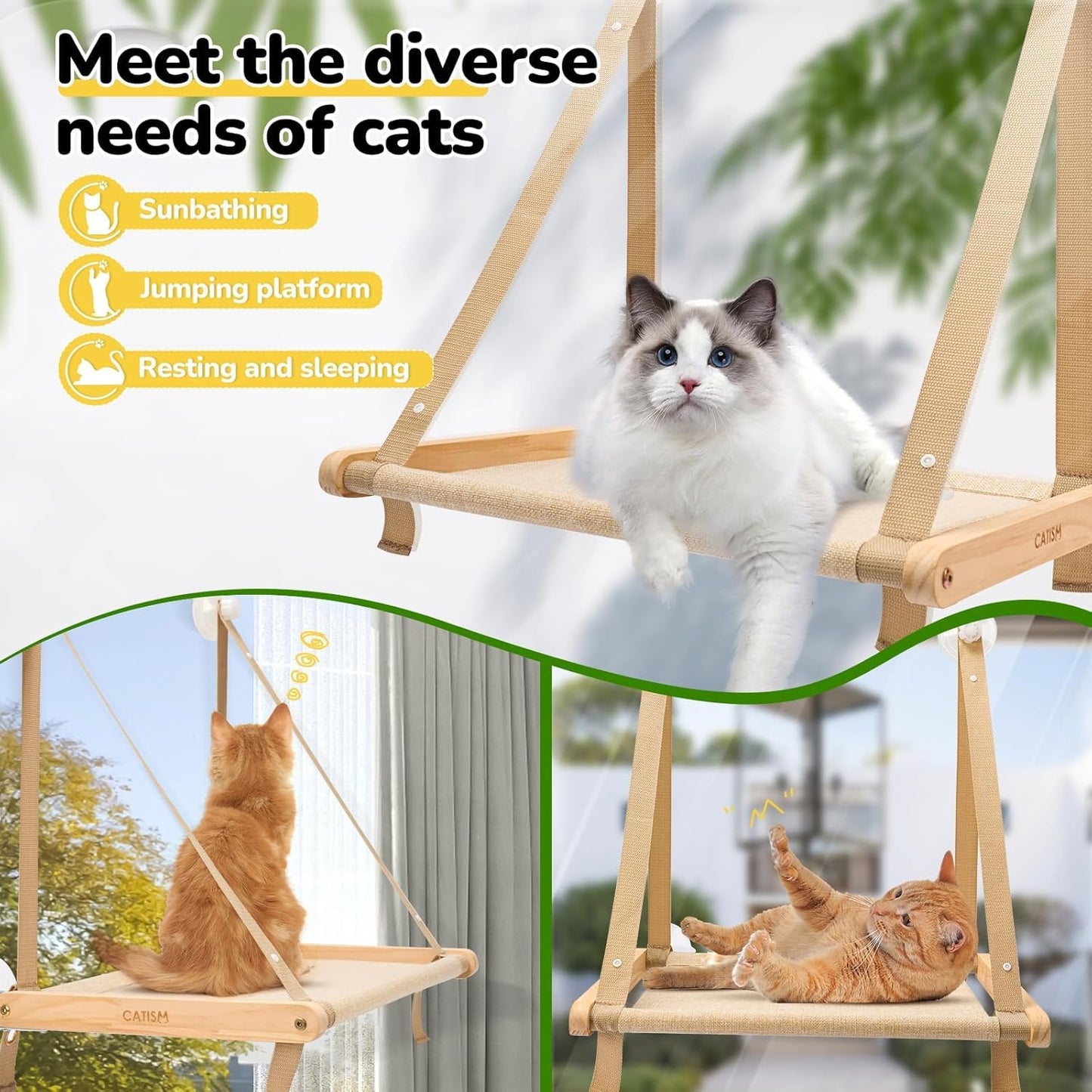 Cat Window Perch - Foldable Cat Hammock for Window, Soft Seat Machine Washable, Solid Wood Frame, 4 Suction Cups, Cats Window Hammock Load Weight Up to 40lbs