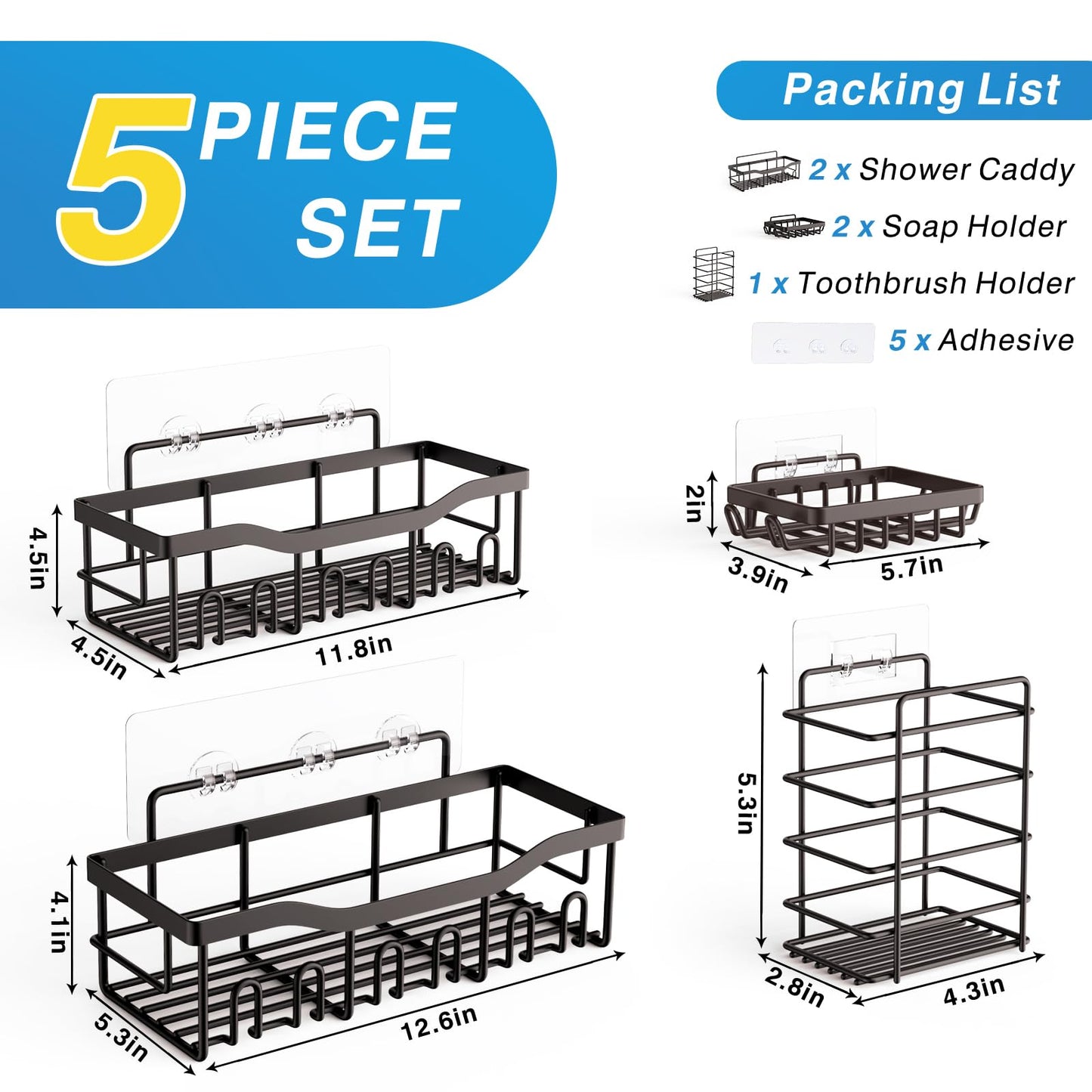 EUDELE 5-Pack Rustproof Stainless Steel Shower Caddy – No Drill Adhesive Bathroom Organizer with Large Capacity, Spacious Shower Shelves for Inside Shower, Kitchen & Home Decor Storage-XL Size