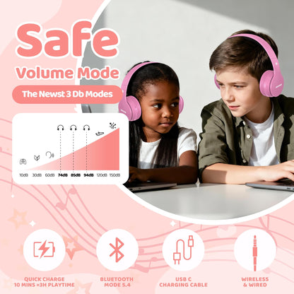 MIDOLA Kids Headphones Bluetooth 5.4 Wireless 68H Play Time Volume Limit 85/94dB Over-Ear Foldable Headset,Type-C Fast Charging,with Wired Aux Mic for Toddler Child Pad Tablet Pink