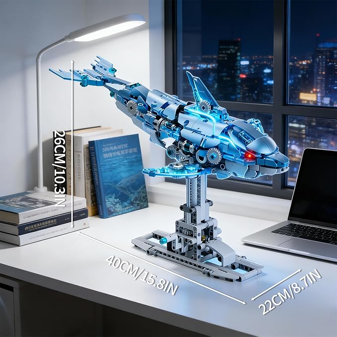 Mechanical Blue Dolphin Building Blocks Set with Hand-Crank &amp Motorized Movement Interactive Detailed Gear Design Display &amp Play Model Futuristic Ocean Animal Model