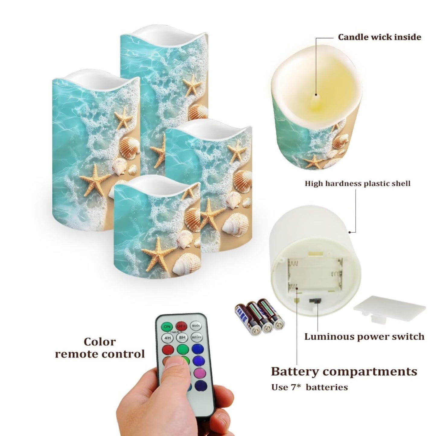 Cozeyat Sea Star Rustic Wedding LED Candles 4 Pack Battery Operated Flameless with Remote Control Timer Color Changing Waterproof for Indoor Outdoor Beach