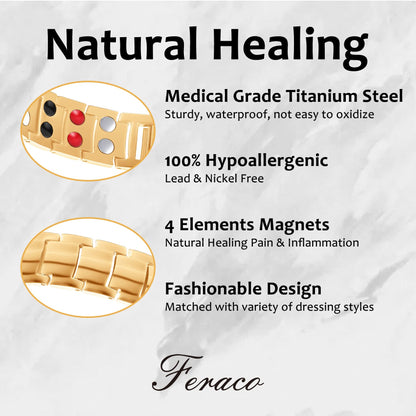 Feraco Mens Magnetic Therapy Bracelets Titanium Steel Bracelet with Double Row 4 Elements Magnets (Gold)