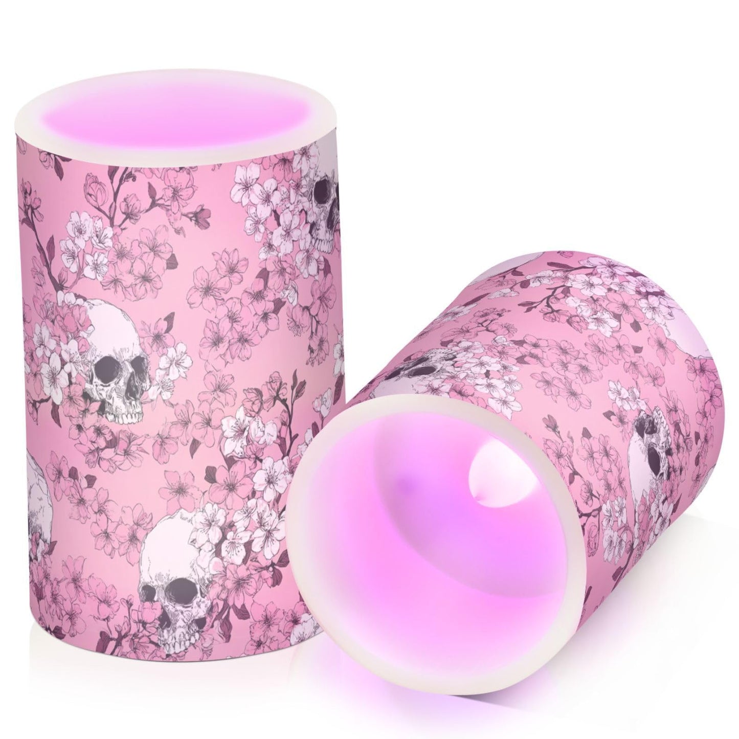Pigsaly Flameless Candles Battery Operated Pink Cherry Blossoms White Skulls Flickering Led Pillar Candles with Remote Control Colour Changing Warm Light Candles for Halloween Christmas Wedding