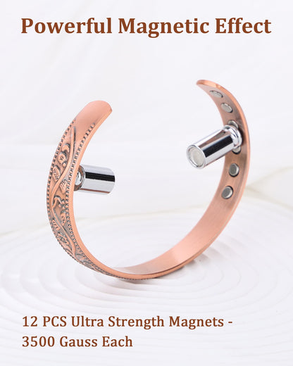 BioMag 2 Pcs Magnetic Copper Bracelet for Women Men, 99.99% Pure Copper Cuff Bangle with with 12 Pcs 3500 Gauss Magnets, Adjustable Size, Floral Vine Design
